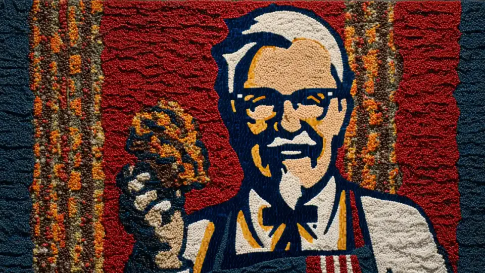 Mosaic portrait of Colonel Sanders holding a piece of fried chicken