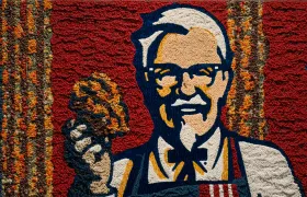 Mosaic portrait of Colonel Sanders holding a piece of fried chicken