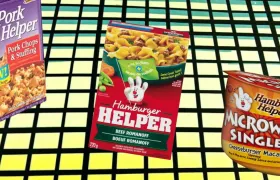 Discontinued Hamburger Helper flavors collage with Pork Helper, Beef Romanoff, and Microwave Singles packages