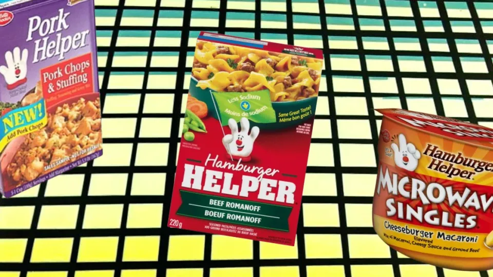 Discontinued Hamburger Helper flavors collage with Pork Helper, Beef Romanoff, and Microwave Singles packages