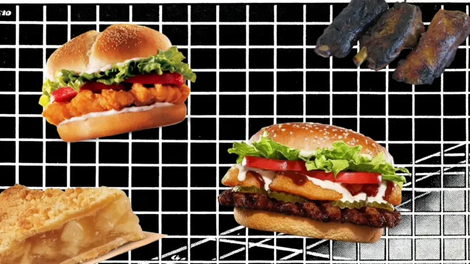 Burger King discontinued items collage with chicken sandwich, ribs, apple pie