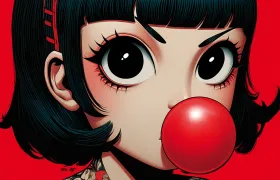 Cartoon girl with black bob hair blowing a red bubble gum bubble