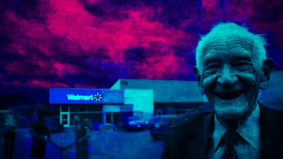 Smiling elderly man in a suit beside a Walmart storefront