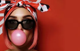 Woman in sunglasses and headscarf blowing a pink bubble gum bubble