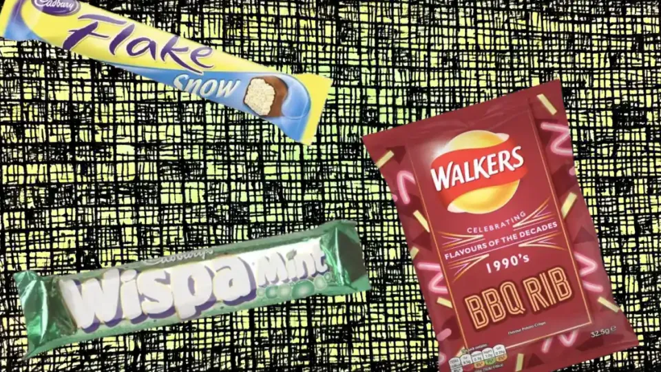 Cadbury Flake Snow, Wispa Mint, and Walkers BBQ Rib crisps packet