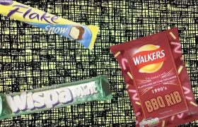 Cadbury Flake Snow, Wispa Mint, and Walkers BBQ Rib crisps packet