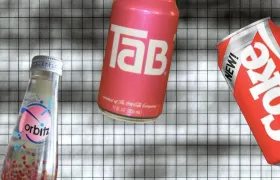 Orbitz bottle, Tab can, and New Coke can on grid background
