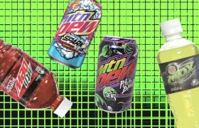 Discontinued Mountain Dew bottles and cans on green grid background