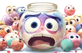 Cartoon jawbreaker candies with faces crowding a glass candy jar