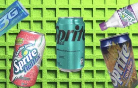 Vintage Sprite cans and bottles on a green grid background