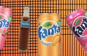 Fanta Fruit Punch, Mango and Wild Cherry cans with vintage bottle
