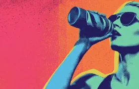Halftone pop-art athlete in sunglasses drinking from a sports bottle