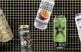 Five Rockstar cans including Roasted, Vodka, Juiced, Punched and Pure Zero Grape