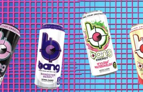 Four Bang Energy cans including Cotton Candy, Bangster Berry and Pina Colada