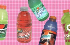 Vintage Gatorade bottles including Frost and ESPN on a pink grid