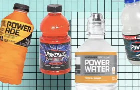 Four Powerade bottles including Island Burst, Arctic Shatter and Tropical Mango