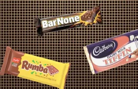 BarNone, Rumba, and Cadbury Tiffin bar wrappers on brown grid