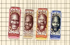 Four Shaq Soda cans: strawberry, vanilla, orange and blueberry cream