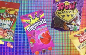 Fruit Stripe, Maynards, Trolli Road Kill and Peace Babies gummy bags
