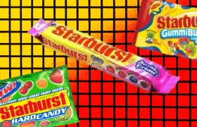 Starburst Hard Candy, fruit chews, and GummiBursts packages on grid background