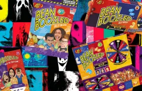 BeanBoozled jelly bean boxes and bags collage on pop art background