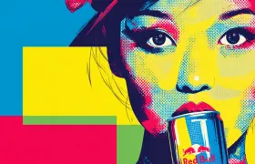 Pop art illustration of woman drinking from a Red Bull can