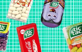 Assorted Tic Tac packs grape popcorn tangerine Coca-Cola lime orange on teal grid
