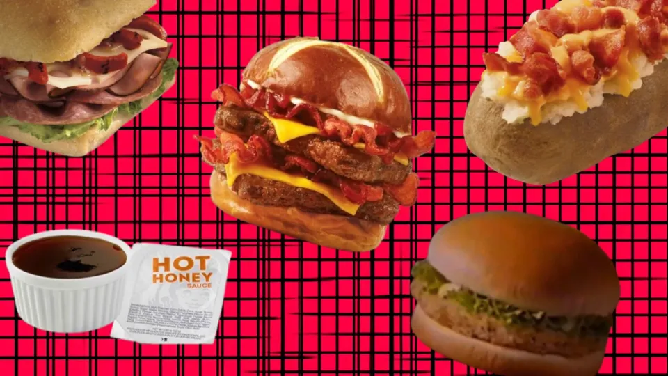 Collage of discontinued Wendy's items on red plaid background