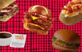 Collage of discontinued Wendy's items on red plaid background
