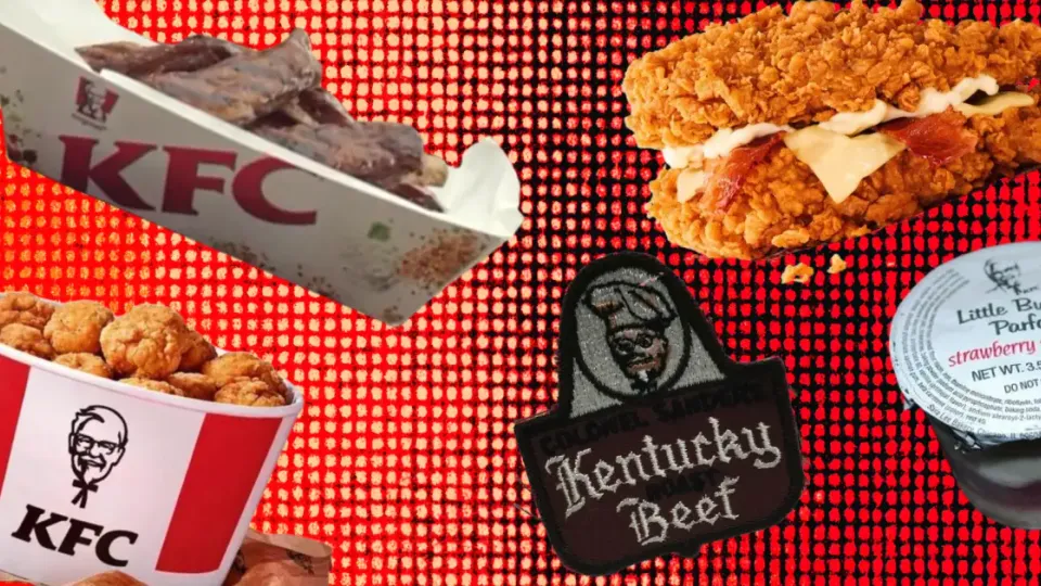 Collage of KFC popcorn chicken bucket, parfait cup, sandwich, and ribs