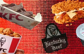 Collage of KFC popcorn chicken bucket, parfait cup, sandwich, and ribs