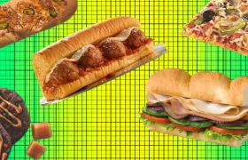 Collage of Subway subs, flatbread pizza, cookies and caramels