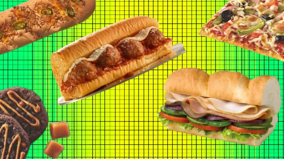 Collage of Subway subs, flatbread pizza, cookies and caramels