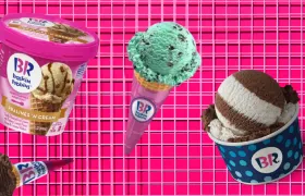 Baskin-Robbins ice cream cones, cup, and Pralines 'n Cream carton