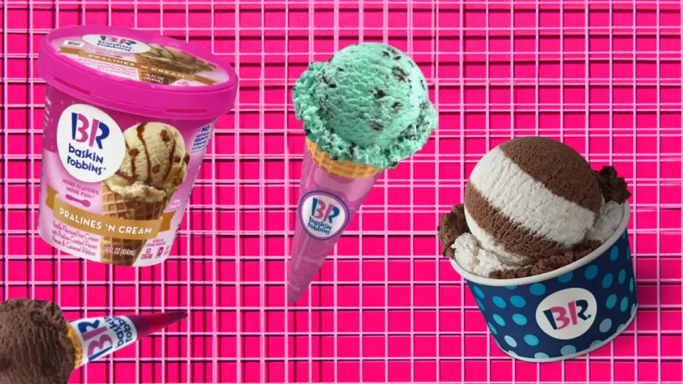 Baskin-Robbins ice cream cones, cup, and Pralines 'n Cream carton