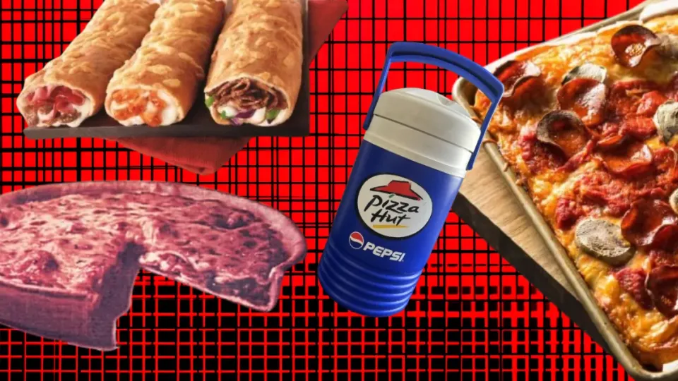 Pizza Hut P'Zone rolls, Pepsi thermos jug and pepperoni pan pizza