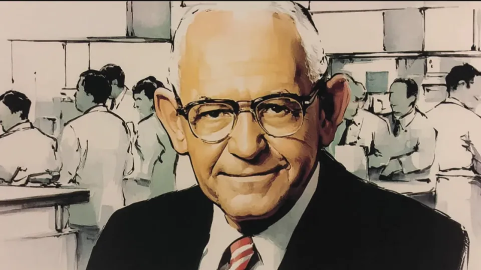 Illustrated portrait of Wendy’s founder Dave Thomas smiling inside a busy early Wendy’s restaurant