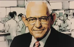 Illustrated portrait of Wendy’s founder Dave Thomas smiling inside a busy early Wendy’s restaurant