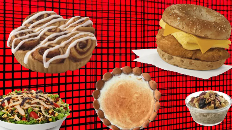 Chick-fil-A cinnamon cluster, breakfast bagel, salad, cheesecake, and oatmeal