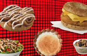 Chick-fil-A cinnamon cluster, breakfast bagel, salad, cheesecake, and oatmeal