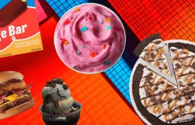 Dairy Queen Fudge Bar box, burger, sundae, Blizzard, and Treatzza Pizza