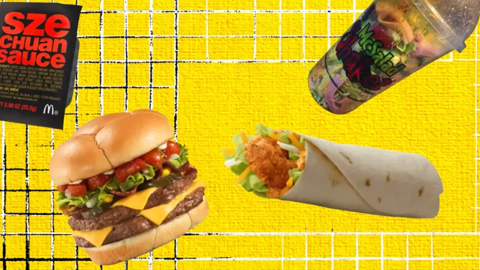 Discontinued McDonald’s items collage: Szechuan sauce, bacon burger, McSalad Shakers, wrap