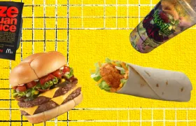 Discontinued McDonald’s items collage: Szechuan sauce, bacon burger, McSalad Shakers, wrap