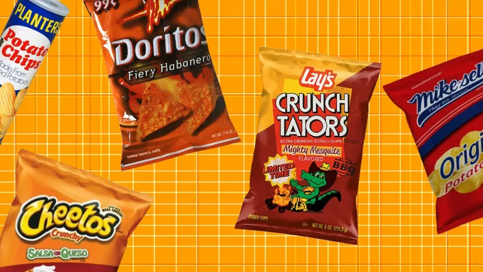 Vintage discontinued chip bags including Doritos, Crunch Tators and Cheetos