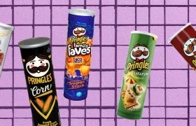 Five Pringles chip cans in various flavors on purple grid background