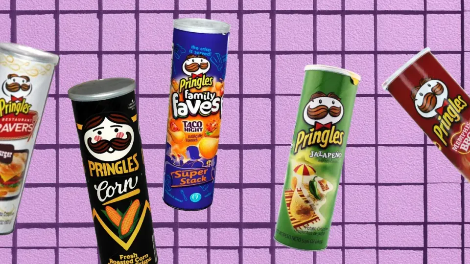 Five Pringles chip cans in various flavors on purple grid background