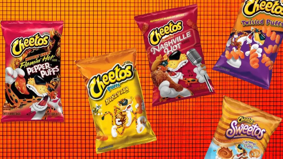 Cheetos bags including Flamin' Hot Pepper Puffs, Honey BBQ, and Sweetos