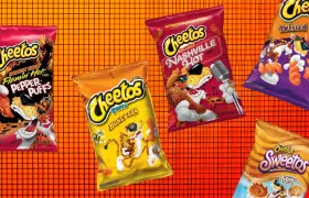 Cheetos bags including Flamin' Hot Pepper Puffs, Honey BBQ, and Sweetos