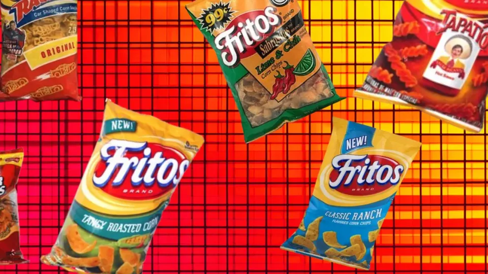 Collage of discontinued Fritos bags including Classic Ranch and Lime and Chile