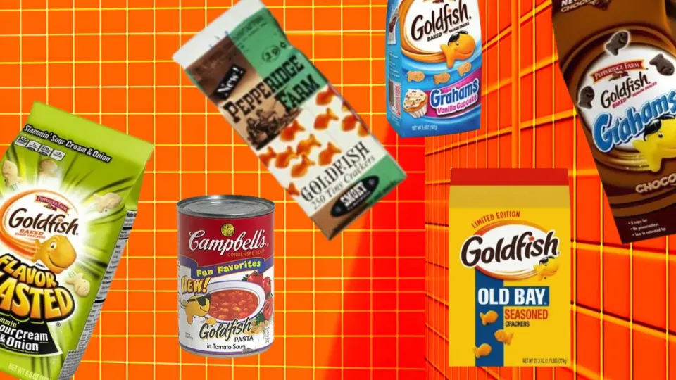Collage of Goldfish cracker packages including Old Bay, Grahams and Campbell's